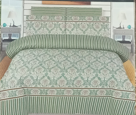 Emerald Elegance - Double Bed Sheet Set – Classic Floral & Stripe Design with 2 Pillows